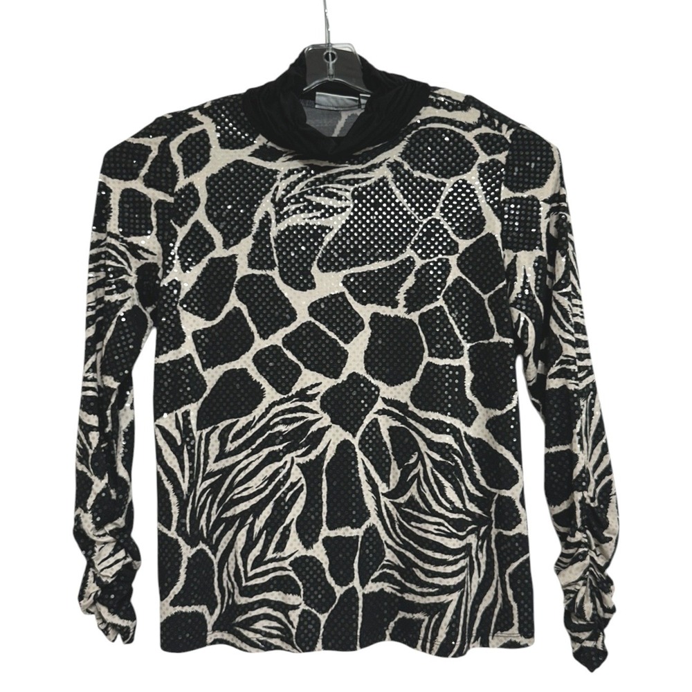 Susan Graver Sequin Top Women Black White Animal Print Cowl Neck Mob Wife Glam M